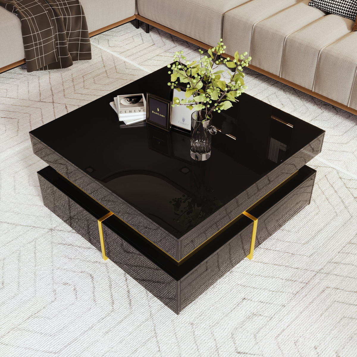 Coffee Table with Drawers, High-Gloss, Gold Accents