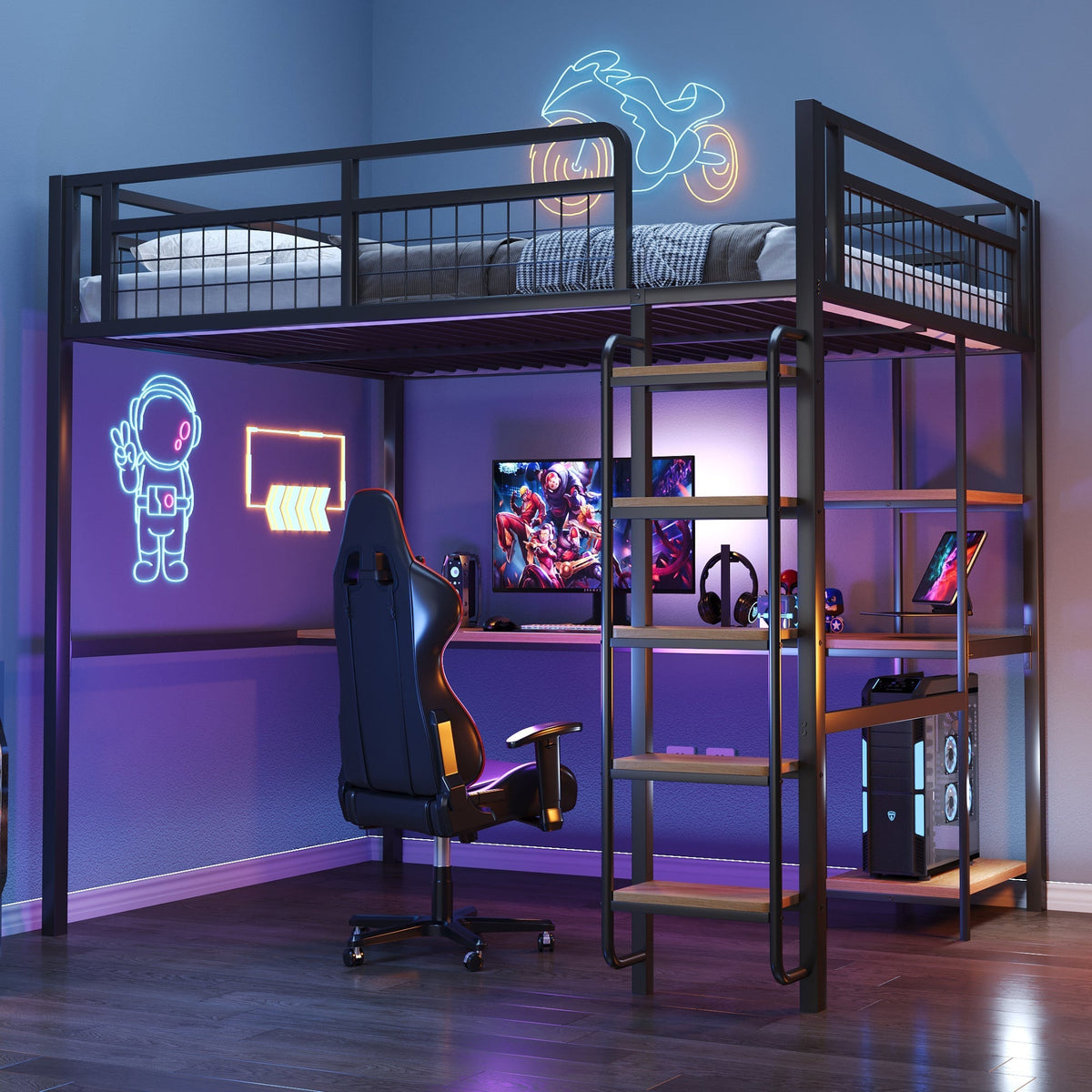 Metal Loft Bed, 140x200 cm with Ladder, Desk & Shelf, Black