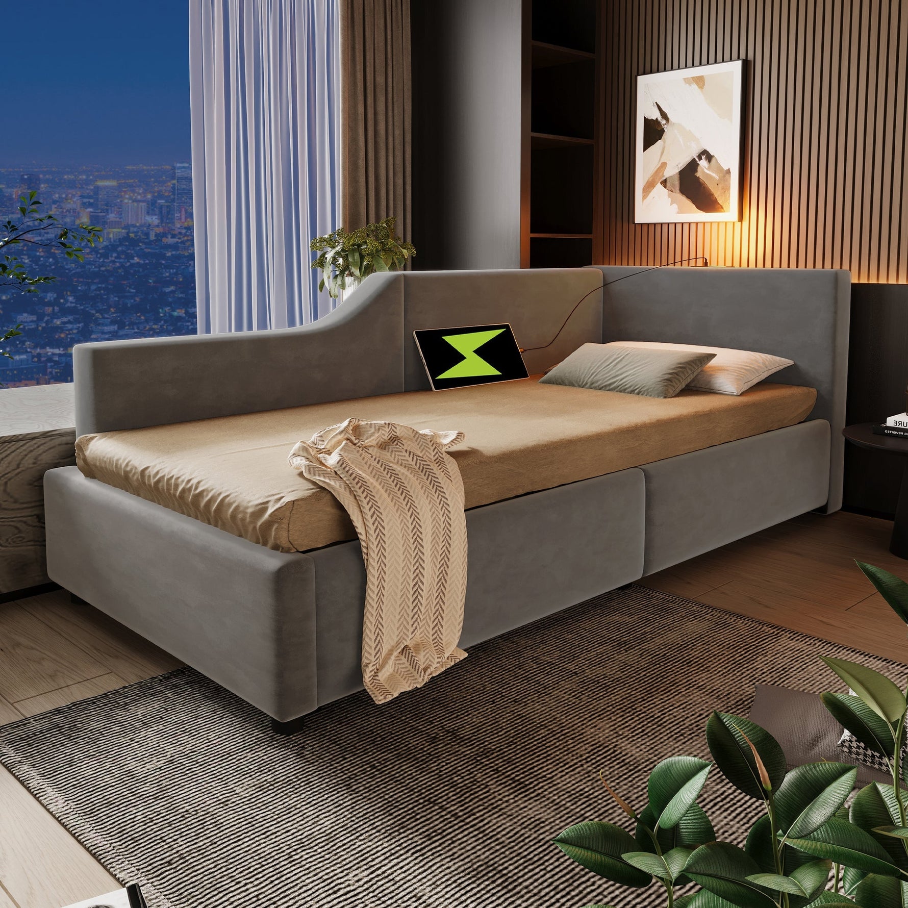 Upholstered Daybed 90x190cm, Sofa Bed with Hydraulic Storage & USB-C, Velvet Grey