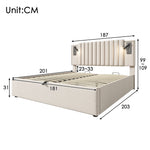 Upholstered Bed, 180x200 Double with Storage, USB Reading Light & Rivet Headboard, Beige Cotton