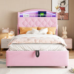 Children's Upholstered Bed, Multifunctional with Storage, LED, USB, Velvet Pink