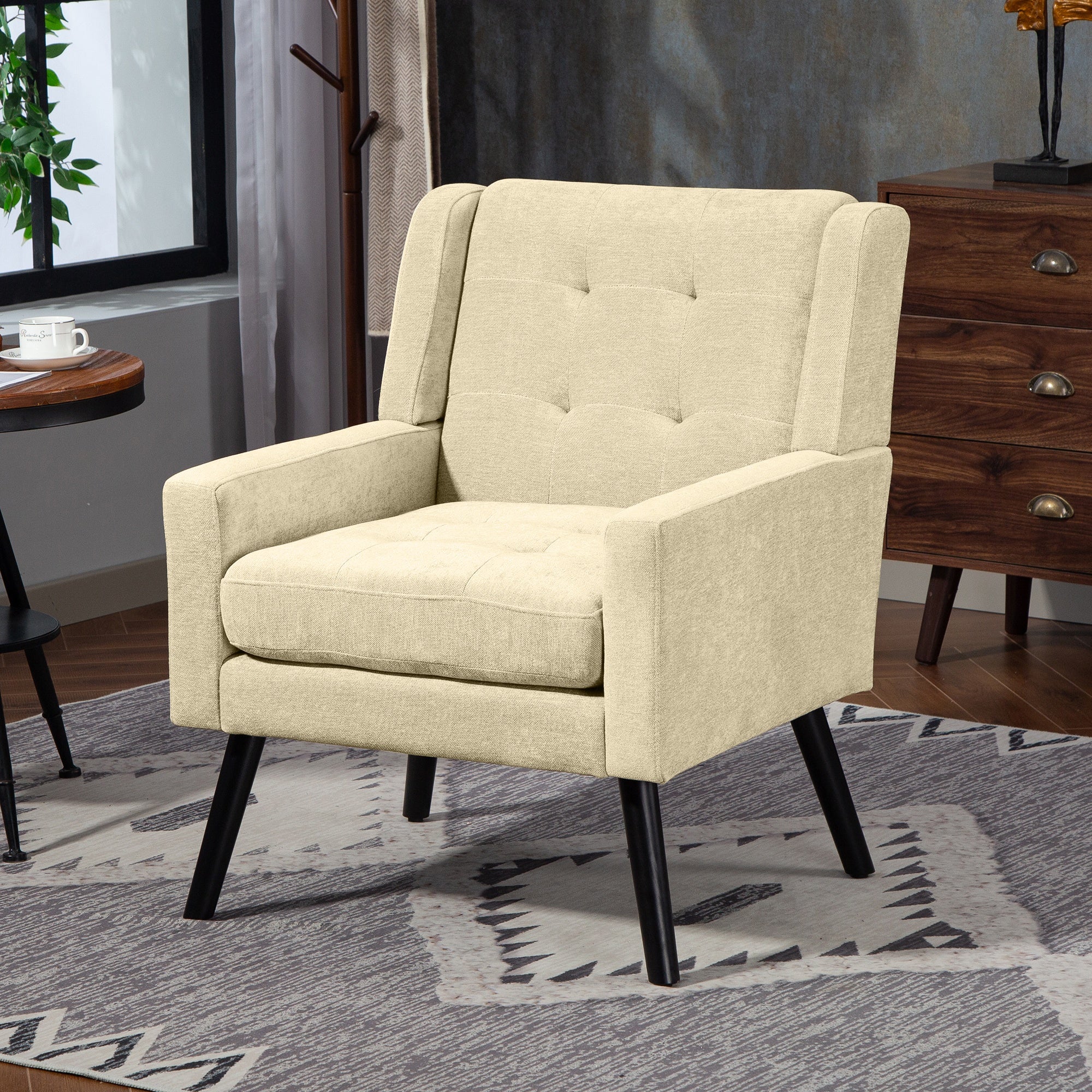 Armchair Mid-Century Modern Buttoned Suede Solid Wood Legs