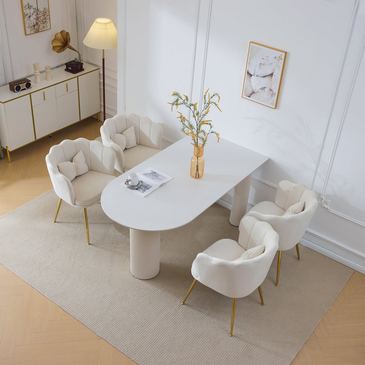 Chairs, 4 Modern Velvet Petal Back Upholstered with Gold Metal Legs and Butterfly Cushions, Velvet