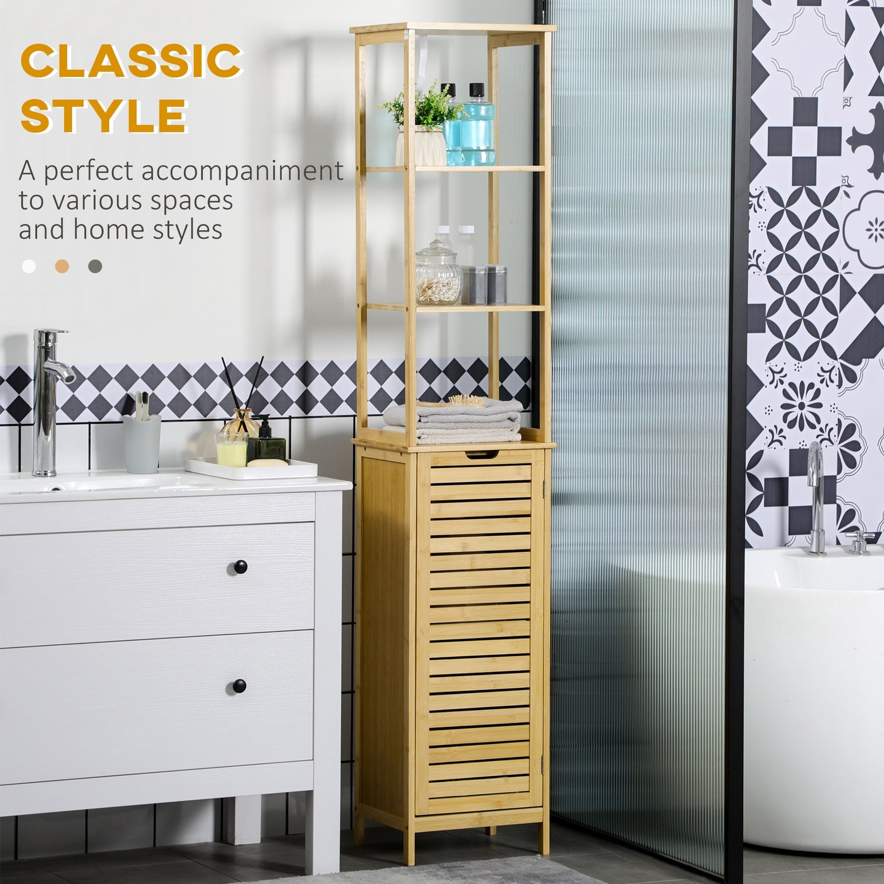 kleankin Bathroom Cabinet, 3 Open Compartments, 1 Cupboard, Bamboo