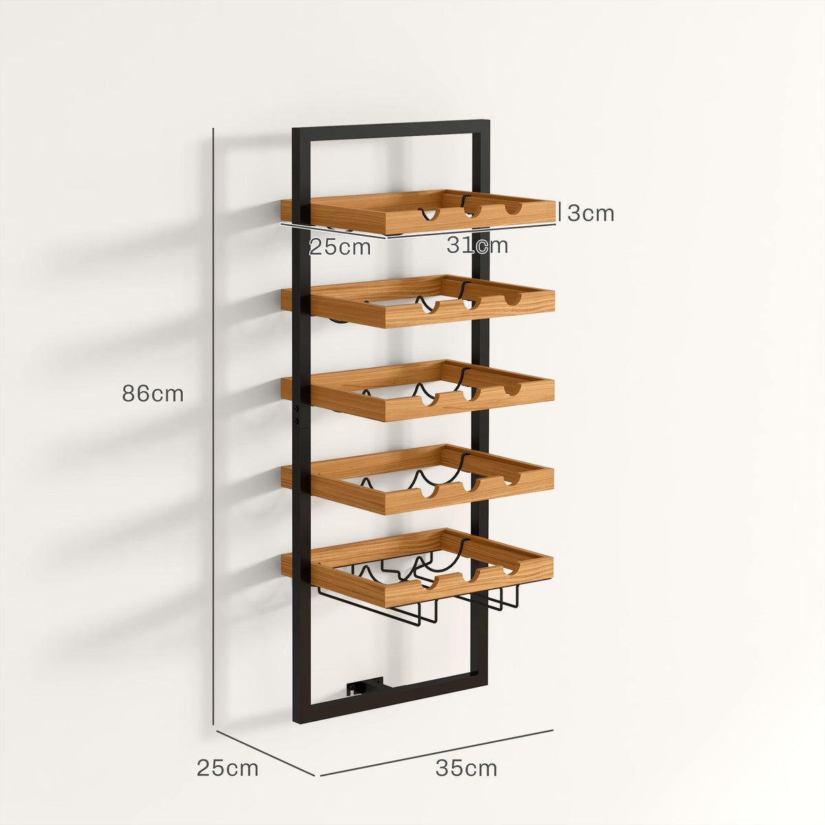 Wall-Mounted Wine Rack, 5 Tiers, 15 Bottles 4 Glasses, Pinewood Steel