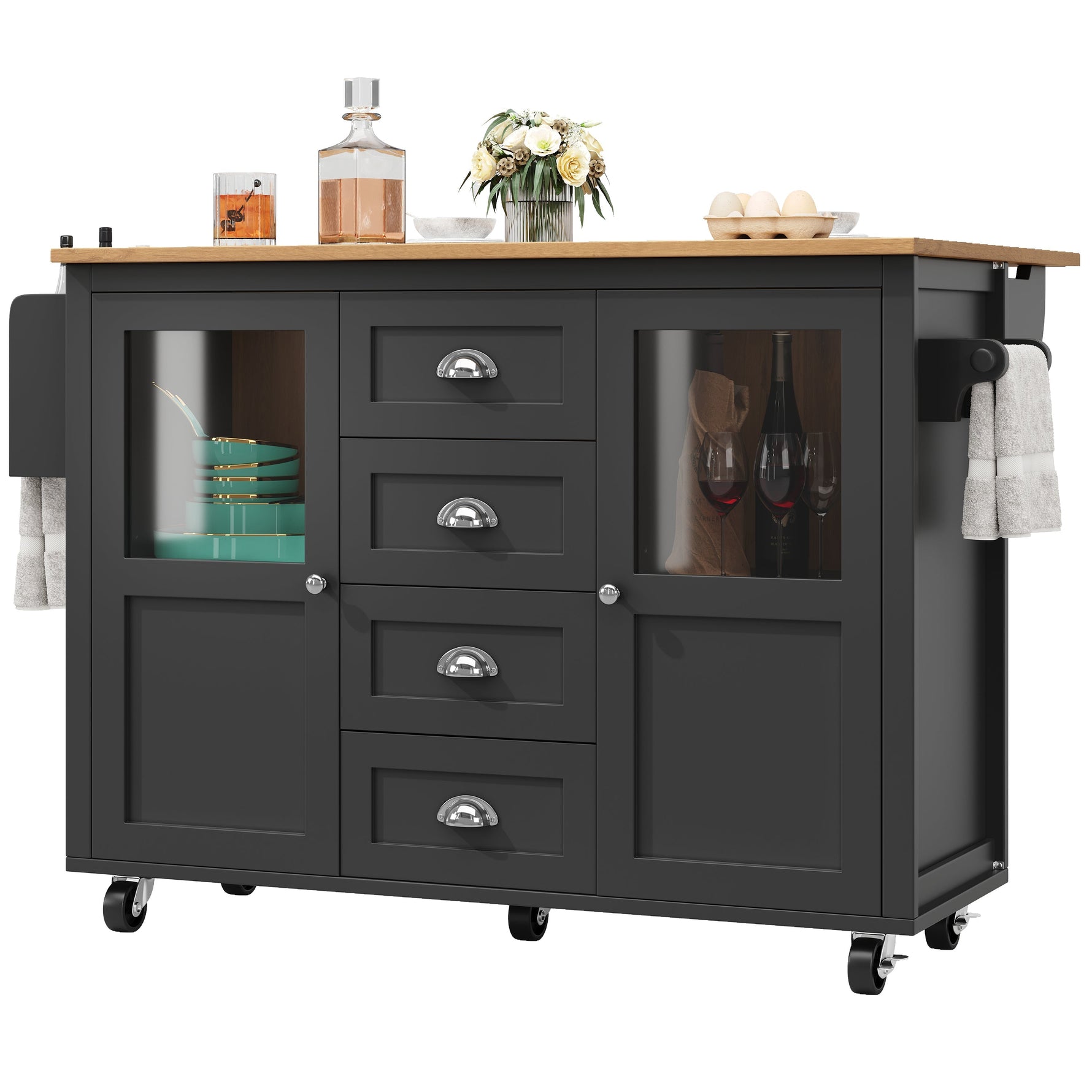 Extendable Kitchen Island Mobile Storage Drawers Spice Rack - White/Black