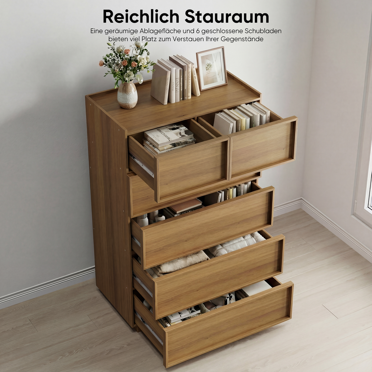 Chest of Drawers with 6 Drawers and Dressing Table, 80x48x127cm, Oak Color Wood
