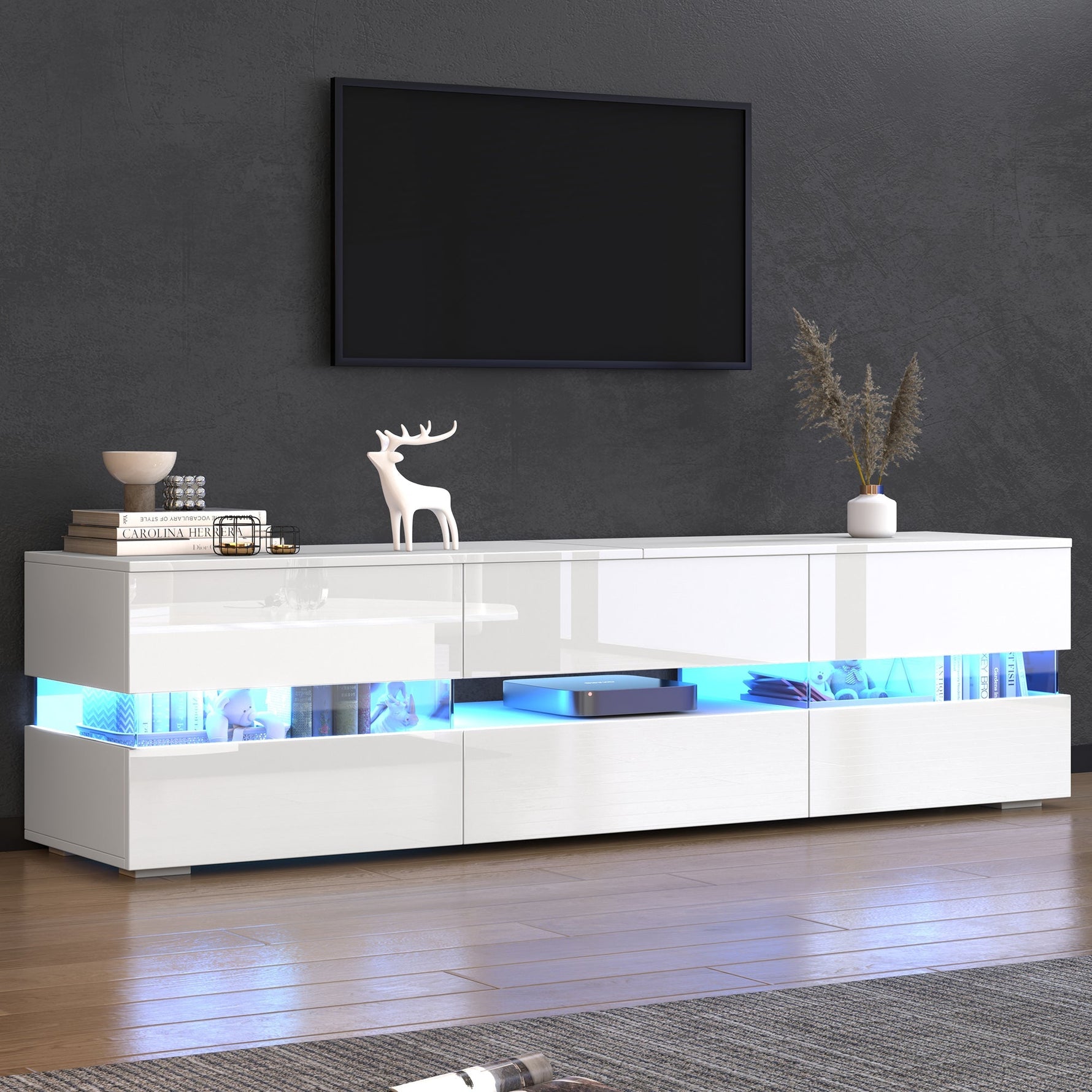 Modern TV Cabinet 160cm LED Storage for 70-inch TVs High-Gloss White