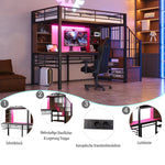Loft Bed with Desk, Storage Stairs, LED and Socket, 90x200cm, Black Iron