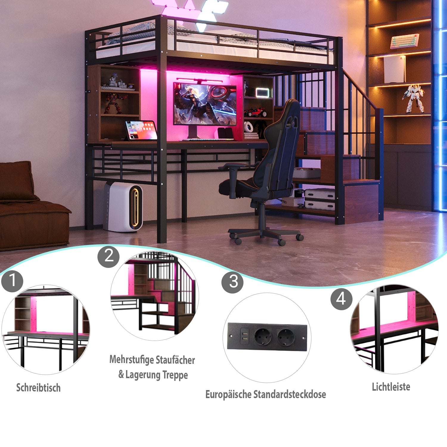 Loft Bed with Desk, Storage Stairs, LED and Socket, 90x200cm, Black Iron