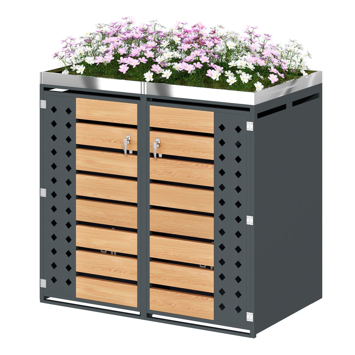 Garbage Can Enclosure with Planting Area and Lockable Dual Doors, Horizontal Wood Grain Panels