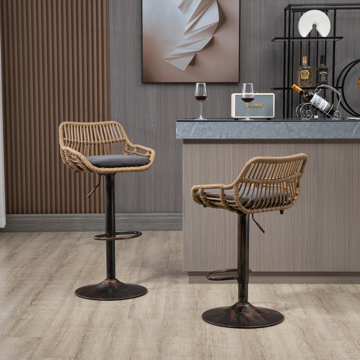 Modern Bar Stool Set of 2, Adjustable, Footrest, Gray
