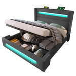Upholstered Double Bed, 160x200cm, LED & Hydraulic Storage, Gray Linen