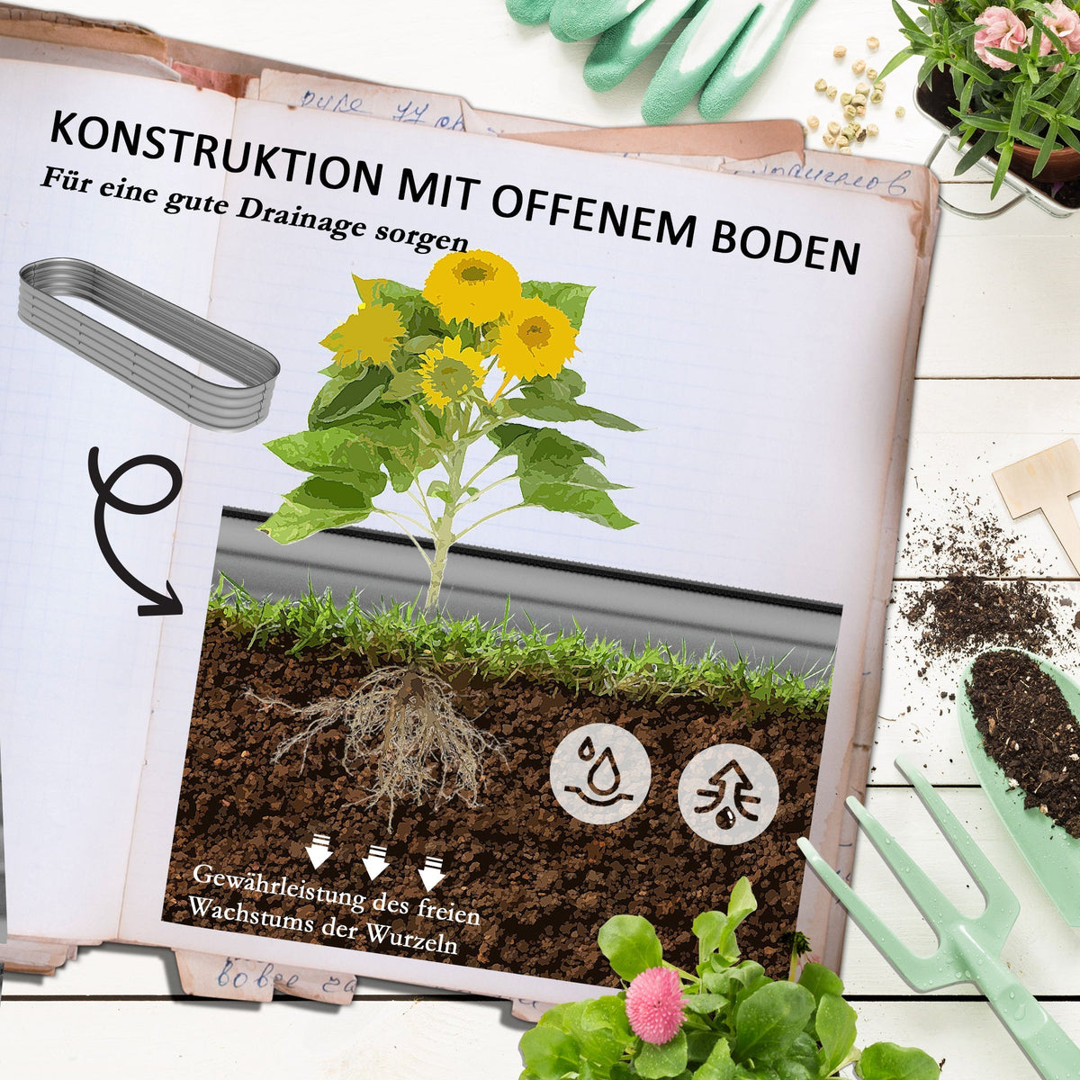Raised Metal Planter Box 195x62x30cm Open Bottom DIY Flower Box, Silver