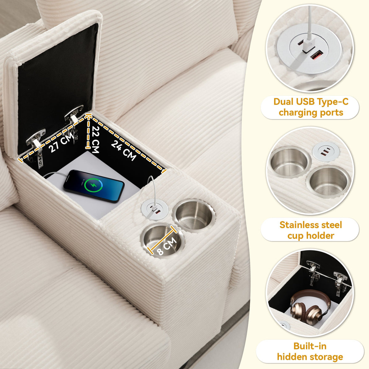 U-shaped Sofa 4-Seater with Storage USB Ports Cup Holders Oversized Corduroy