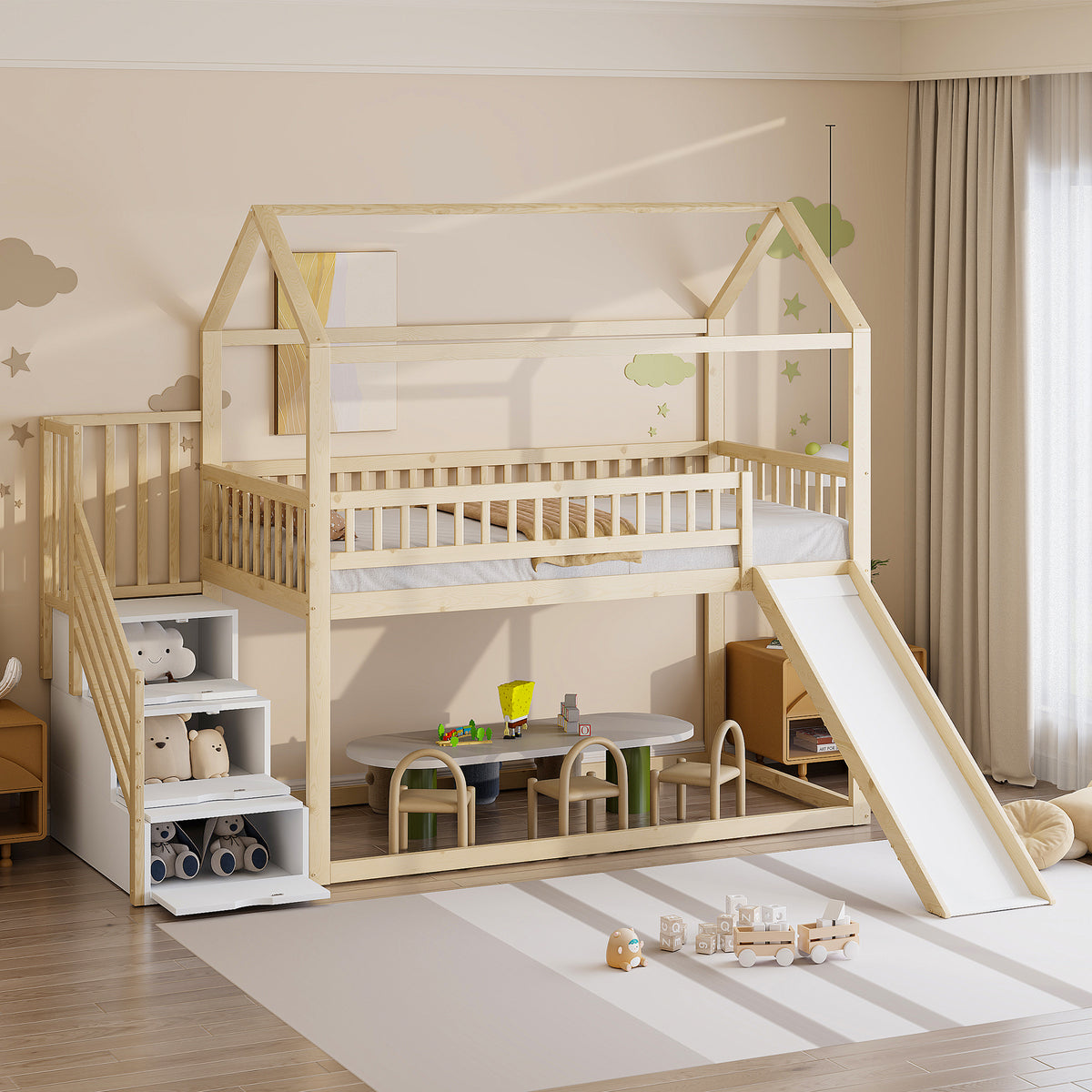 Children's Bunk Bed 90x200cm with Slide & Storage Ladder, Wood