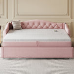 Upholstered Bed Pull-out Sofa Bed with USB Port, Pink Linen Fabric