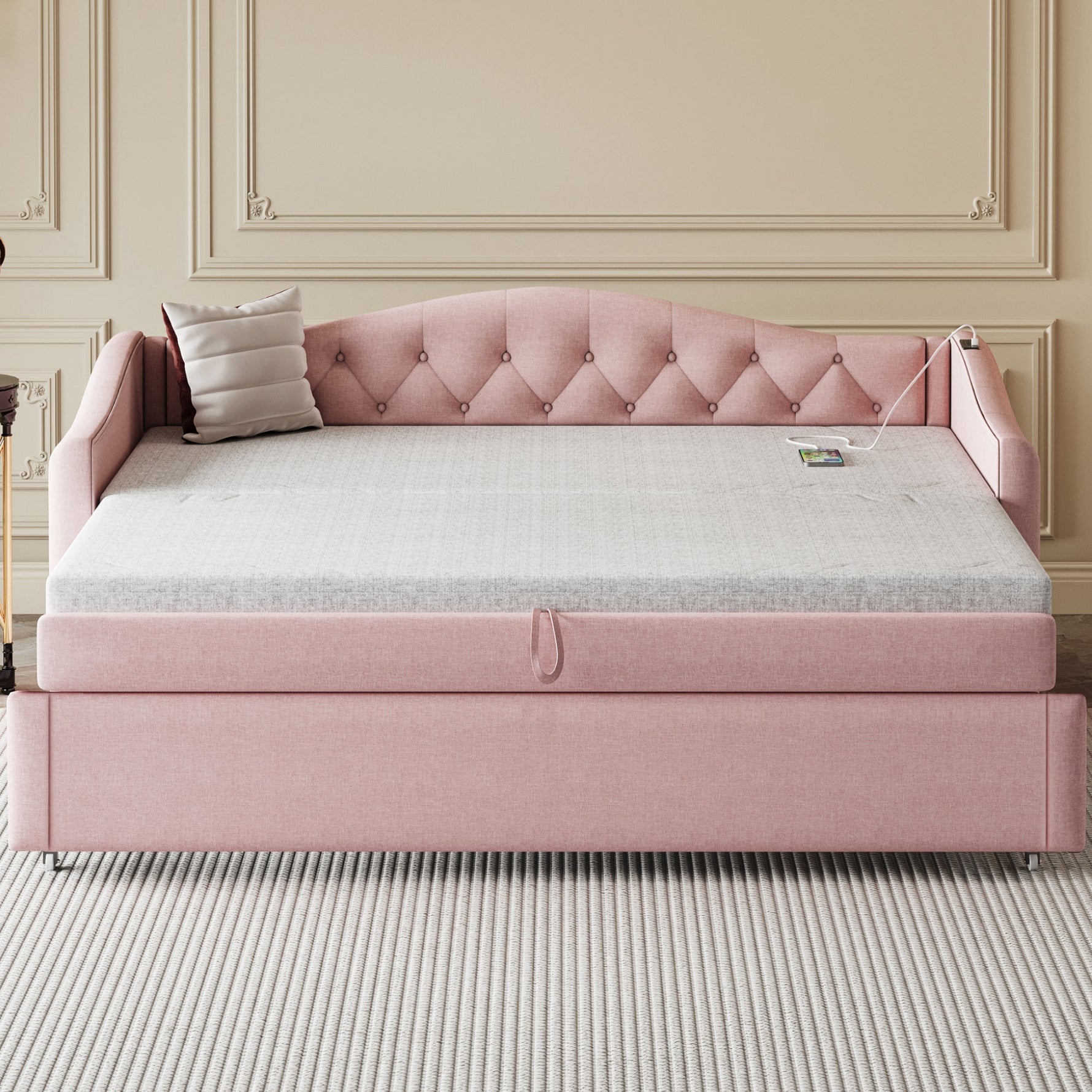 Upholstered Bed Pull-out Sofa Bed with USB Port, Pink Linen Fabric
