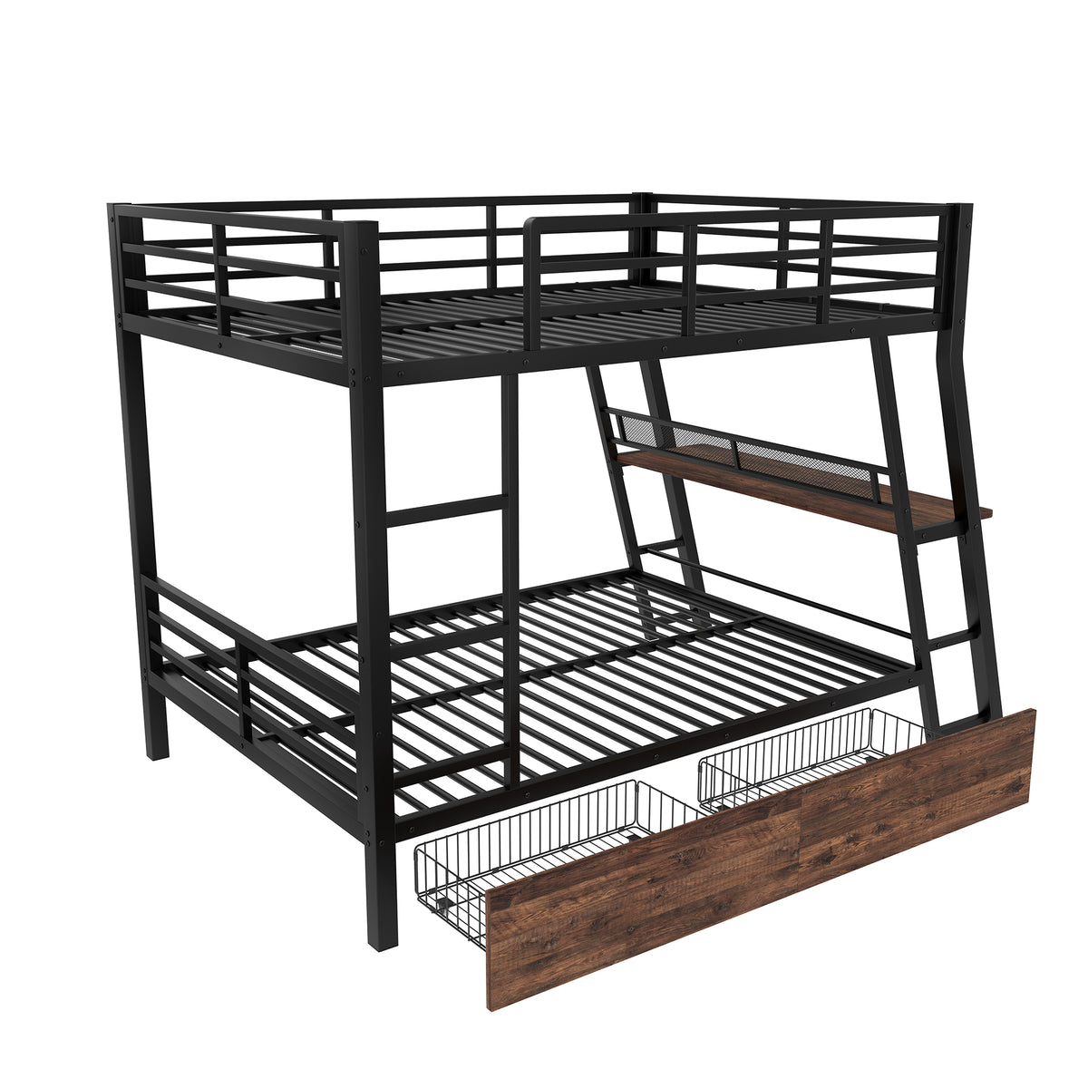 Loft Bed 140x200cm with Desk, LED & Drawers, Black Iron