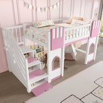 Loft Bed with Storage Stairs and Window, 90x200cm, White and Pink Pine Wood + MDF