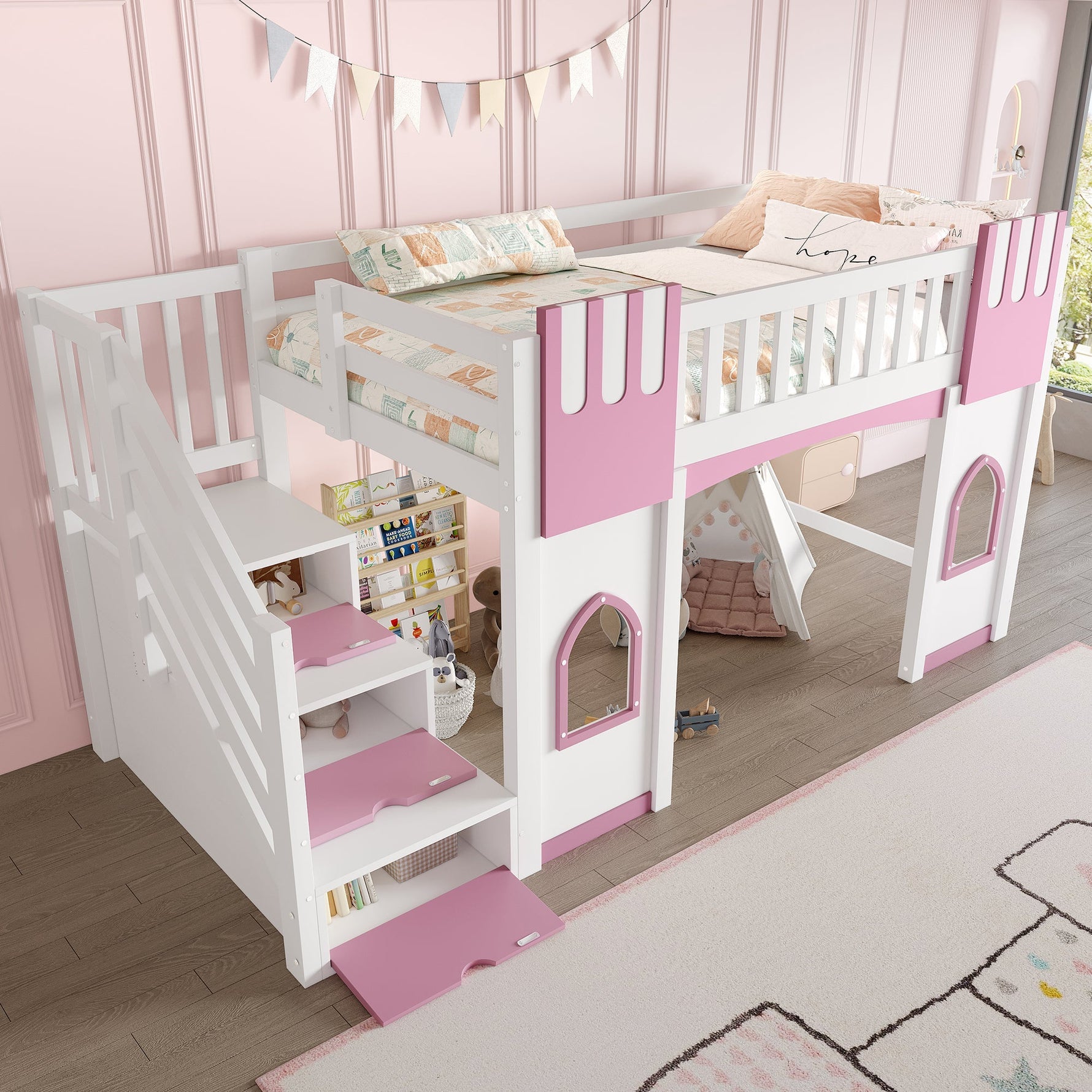 Loft Bed with Storage Stairs and Window, 90x200cm, White and Pink Pine Wood + MDF