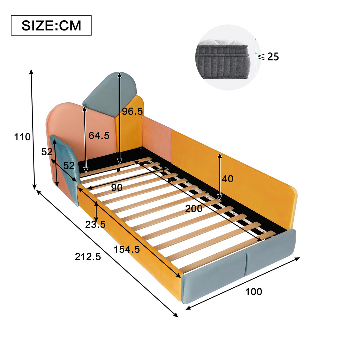 Children's Upholstered Bed 90x200cm with Fall Protection, Multicolour