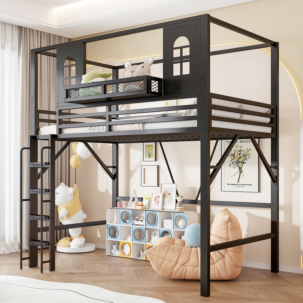 Children's Loft Bed 90x200cm with Roof & Storage, Black Metal