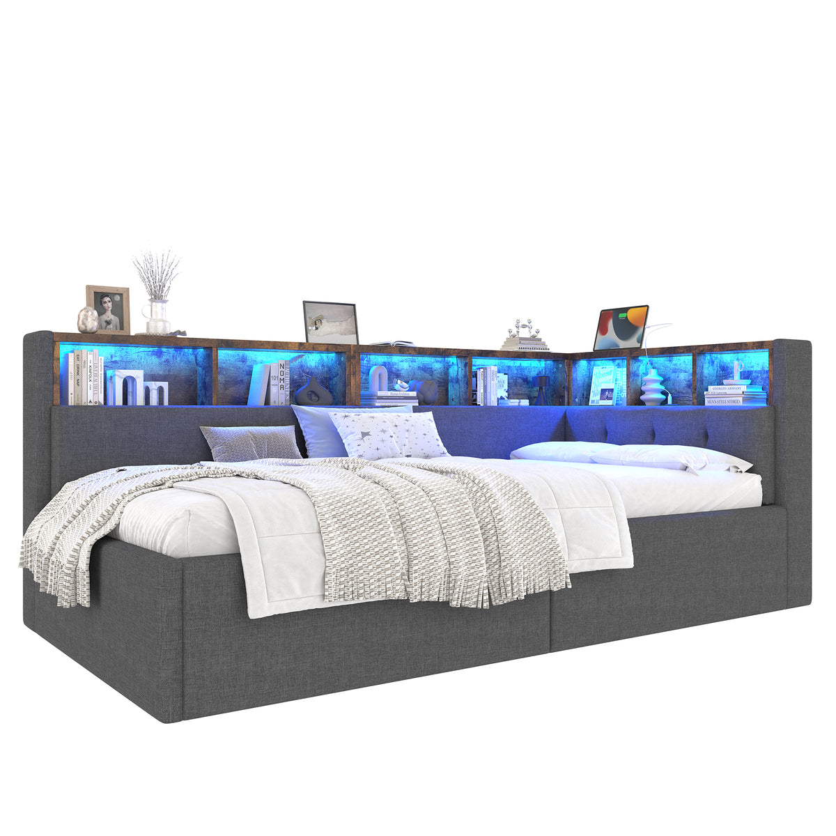 Daybed Sofa Bed 90x200cm with Storage & LED, Grey Linen