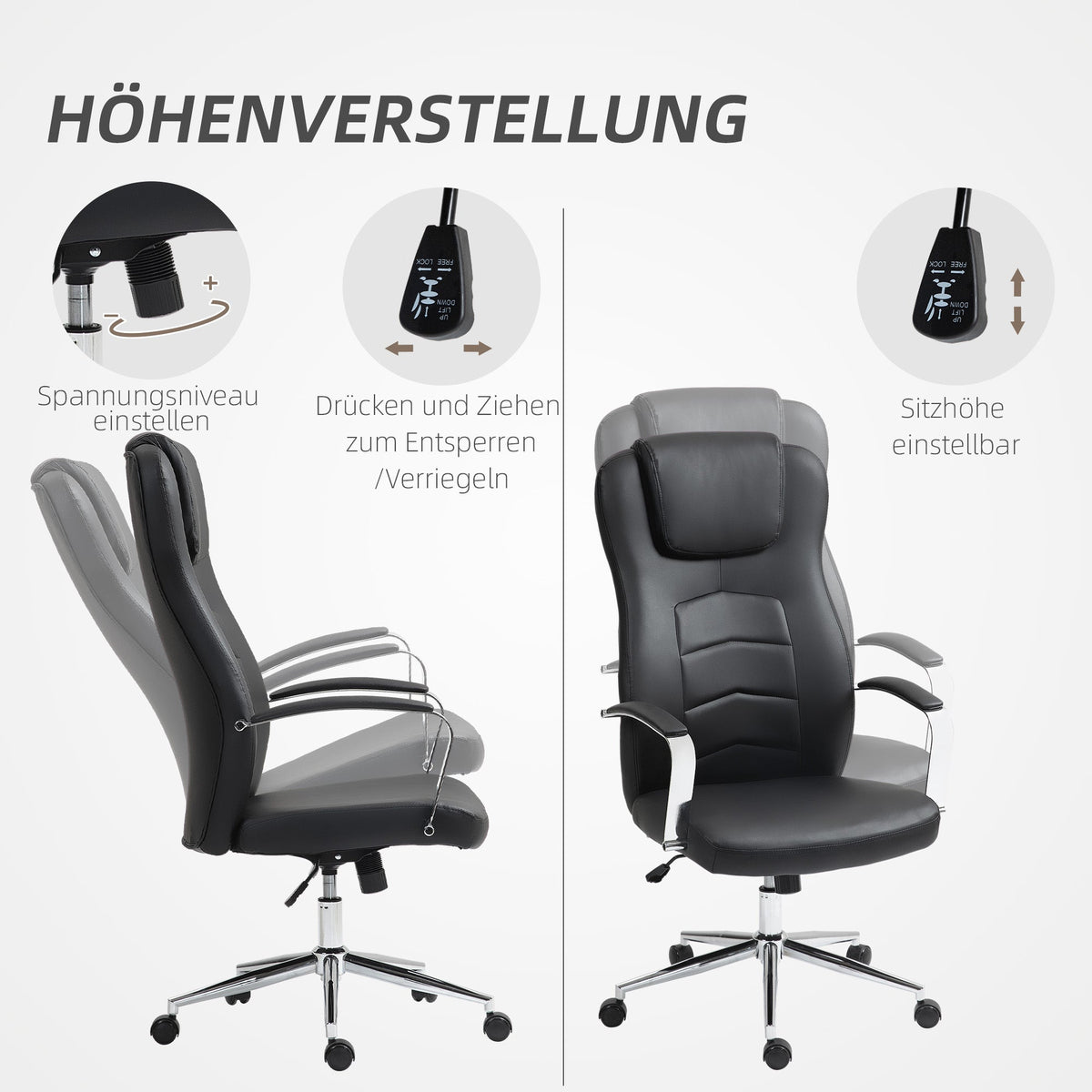 Office Chair with Tilt, Height-Adjustable Swivel, Reclining, 120 kg Load Capacity, Black