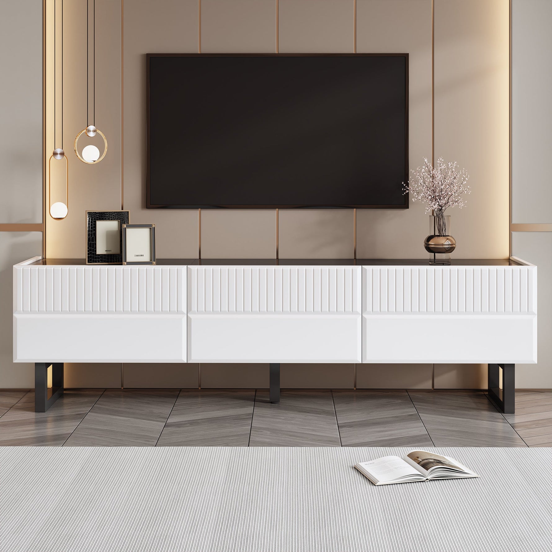 TV Stand Low Unit with Three Drawers 170cm Black and White