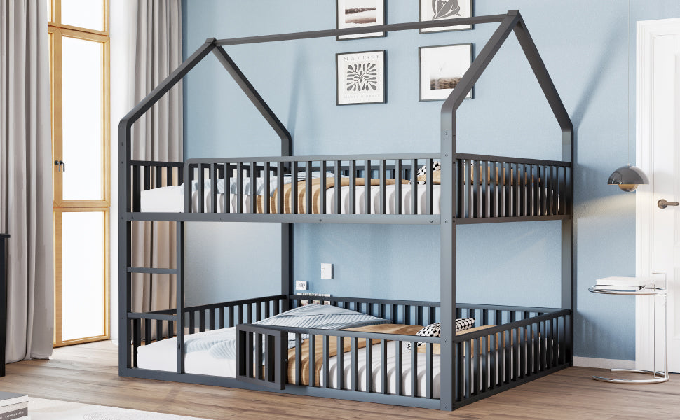 Bunk Bed, Loft Design with Stairs & Door, Black Metal