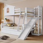 Bunk Bed with Slide & Drawers, Solid Wood Frame, White