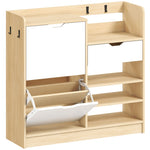 Shoe Rack with Tilting Drawers, Open Shelves, 4 Hooks, 14 Pairs, Natural