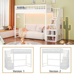 Loft Bed with LED Light Strip and Interchangeable Safety Ladders, 90x200cm, White Solid Pine Wood
