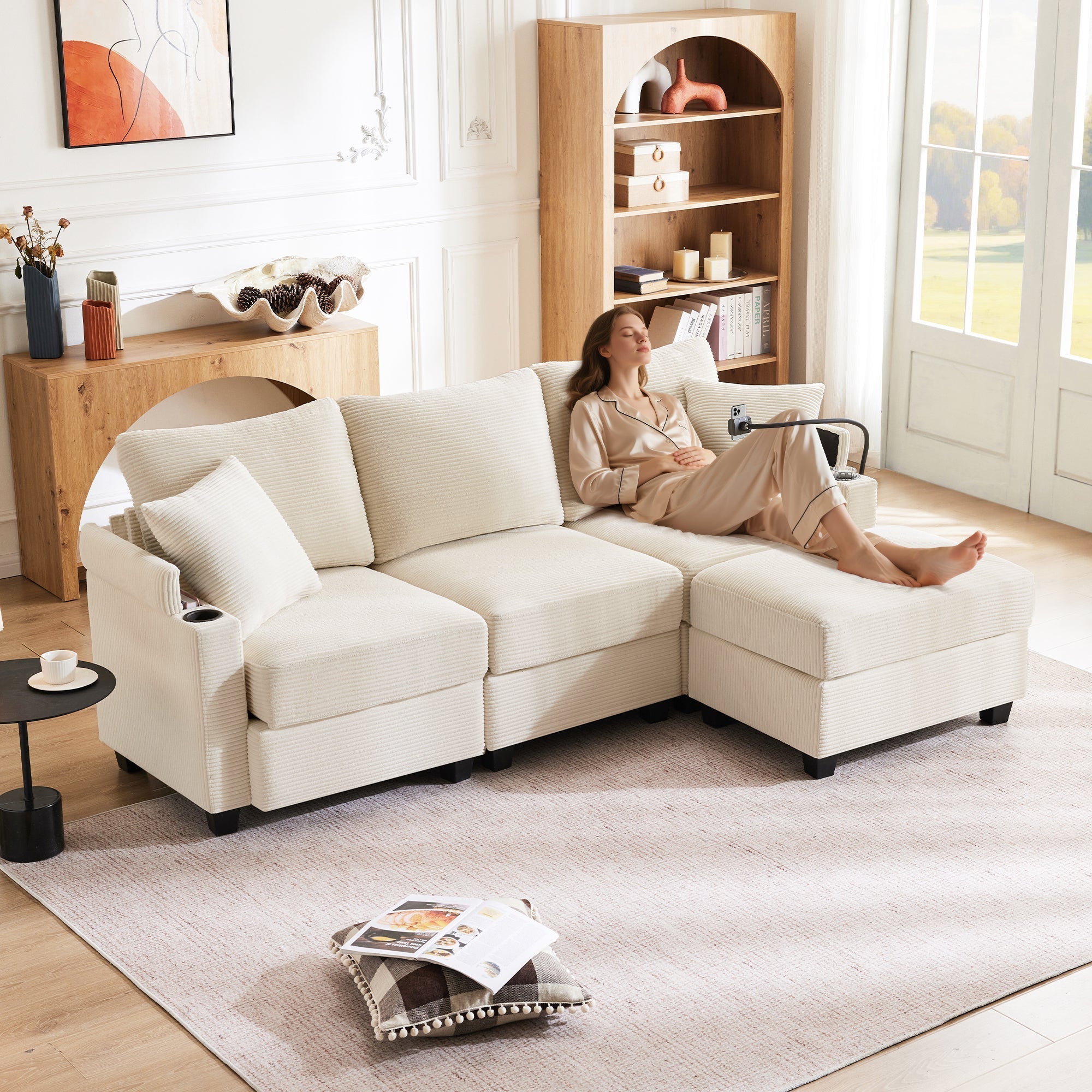 L-shaped Corner Sofa, Convertible 3-Seater with Footstool, Cup Holder, USB Charger, Armrest Storage, Beige