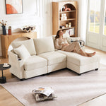 L-shaped Corner Sofa, Convertible 3-Seater with Footstool, Cup Holder, USB Charger, Armrest Storage, Beige