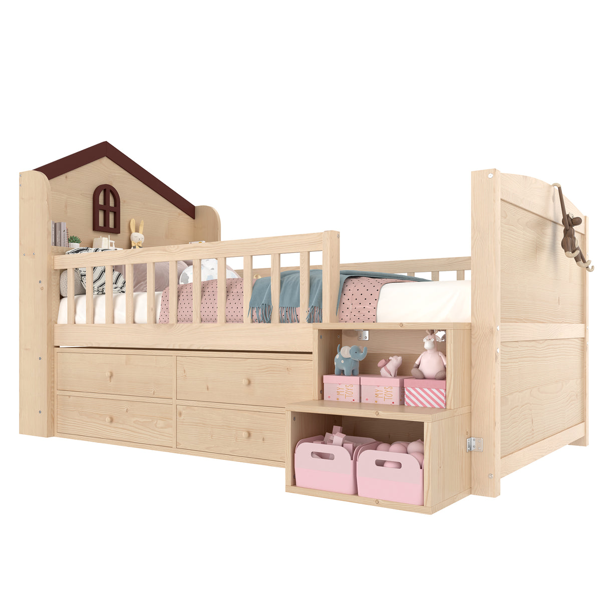 Mid-Height House Bed 90x200cm with Drawers & LED, Natural Wood