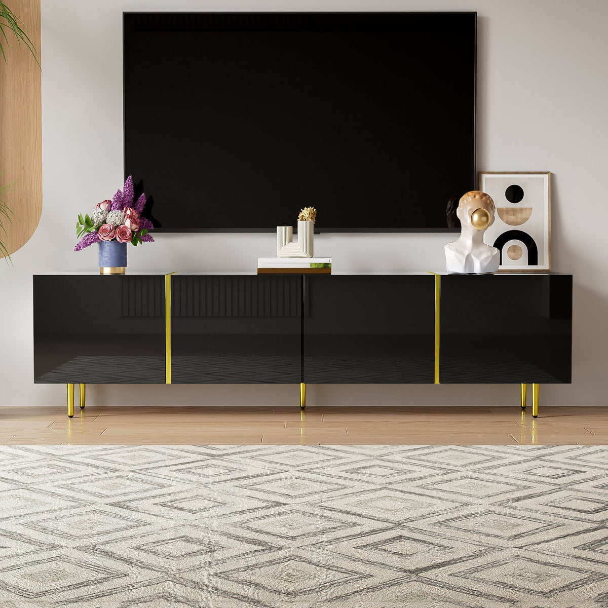 TV Cabinet, Modern 4-Door, High-Gloss Black and Gold