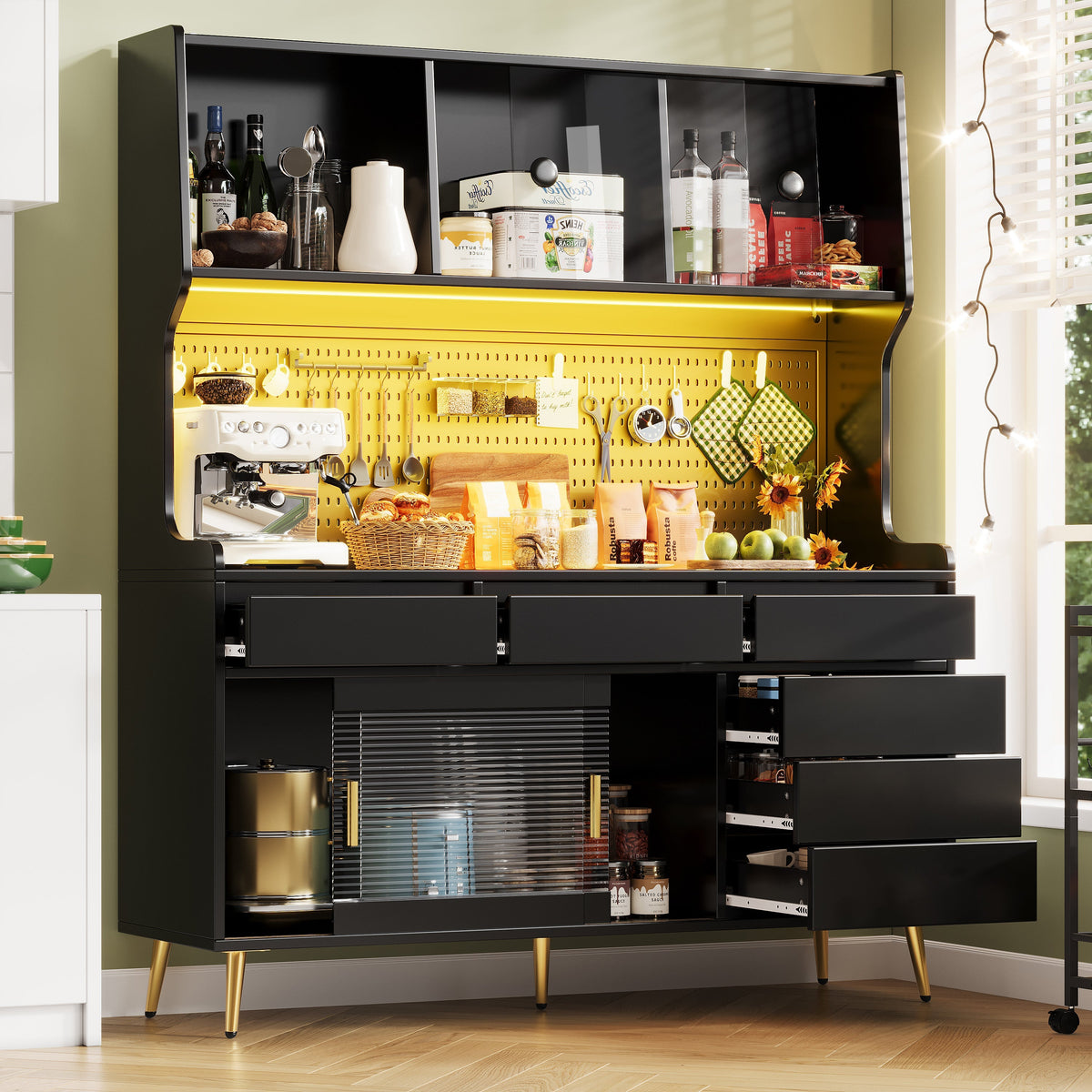 Modern Tall Cabinet with LED & App Control, Drawer, Pegboard Storage - Black