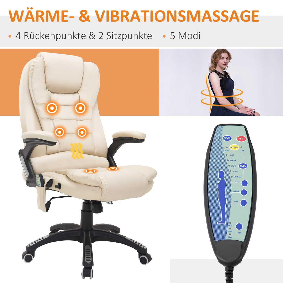 Massage Chair Executive, 6-Point Vibration, Heat & Recline, Beige Faux Leather