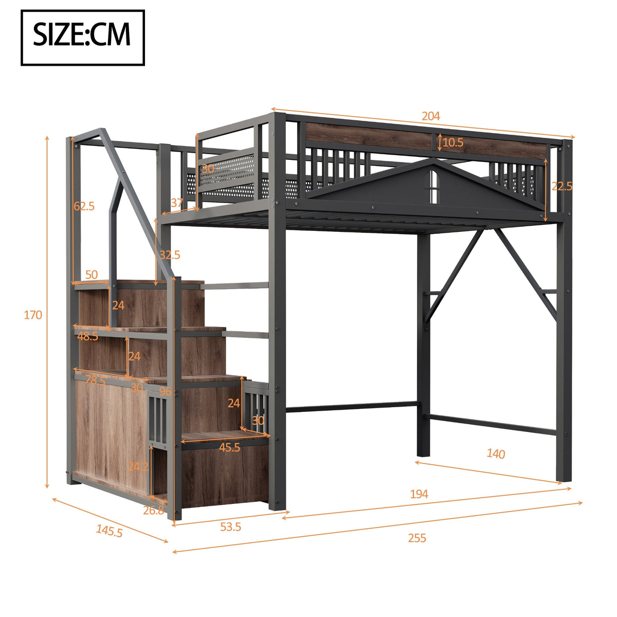 Metal Loft Bed 140x200cm Safety Enclosure with Window Ladder Locker Black