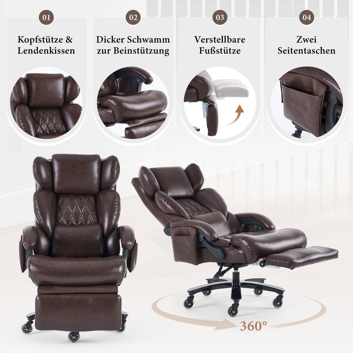 XXL Ergonomic Office Chair with Massage and Heating Function, Footrest and Adjustable Backrest, Brown PU Leather