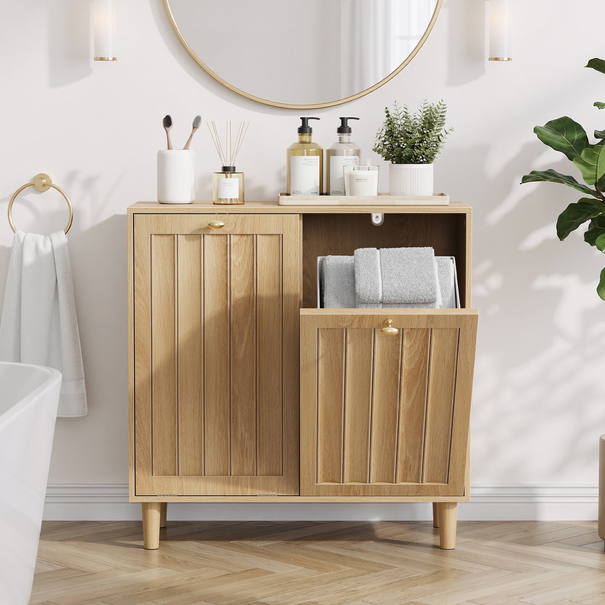 Slanted Laundry Basket with Removable Inner Basket and Bathroom Storage Shelf, Oak Wood Color