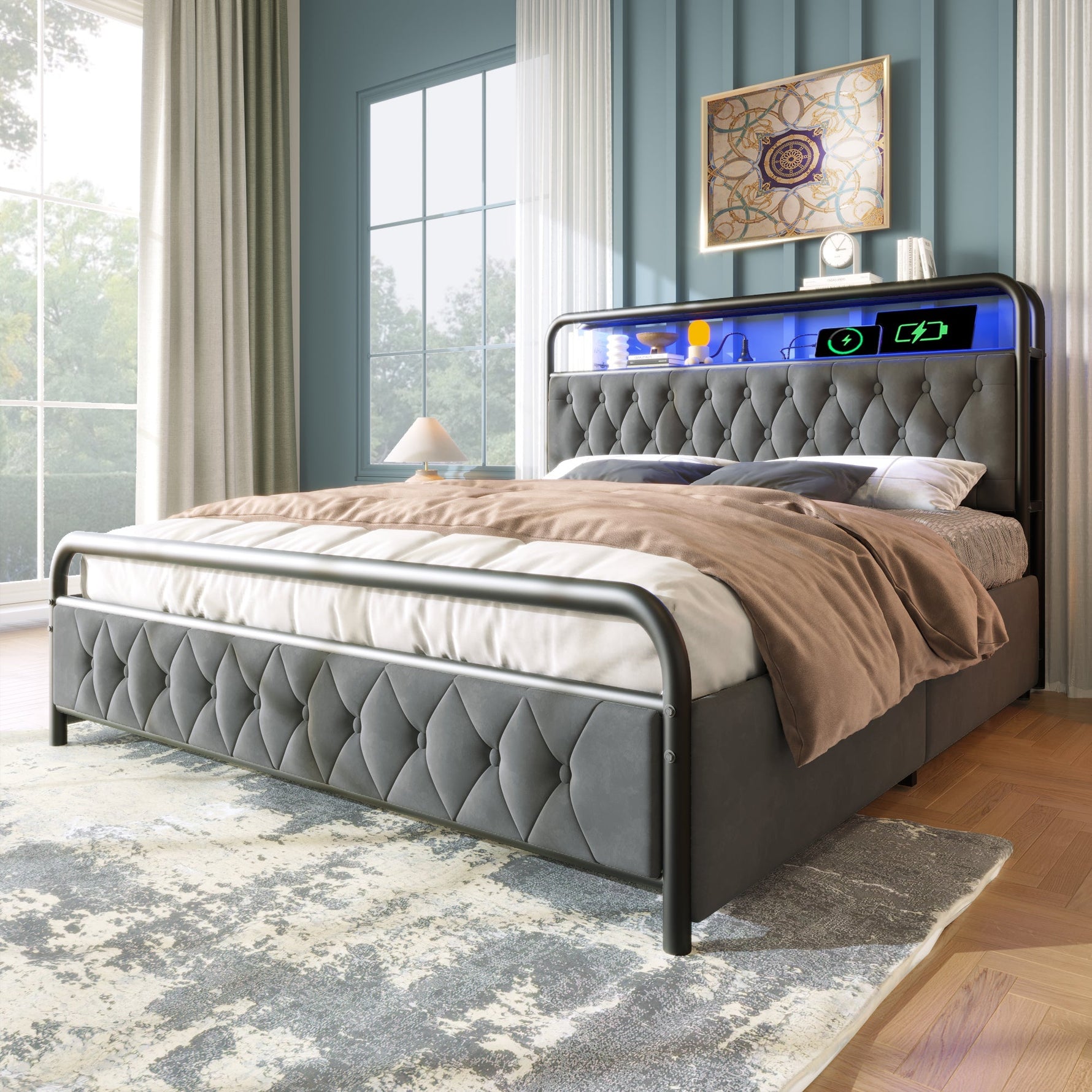 Upholstered Double Bed, USB-C Charging, APP-Control LED, 140x200, 4 Drawers, Velvet