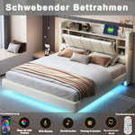 Upholstered Bed 140 x 200 cm, USB, Light Strip, Reversible Headboard, Storage, Metal Frame, Linen Fabric, Beige