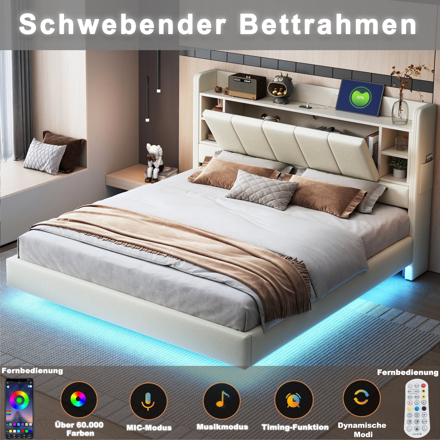 Upholstered Bed 140 x 200 cm, USB, Light Strip, Reversible Headboard, Storage, Metal Frame, Linen Fabric, Beige