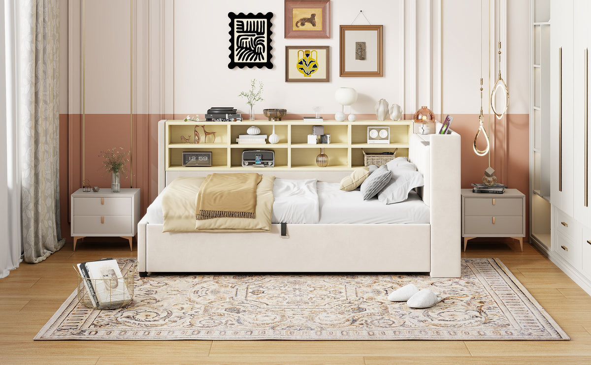 Sofa Bed, 90x200cm, Hydraulic Storage, Night Light, USB/Type-C, Velvet Beige