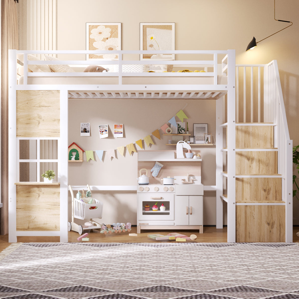 Loft Bed 90x200cm with Storage Ladder - White Iron Frame