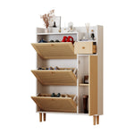 Wooden Shoe Cabinet, Narrow Entryway Storage 3 Tilting Doors 1 Drawer Solid Wood Rattan