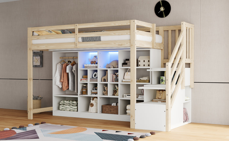 Loft Bed with Wardrobe, Storage Cabinets, LED and Side Ladder, 90x200cm, Wood Color